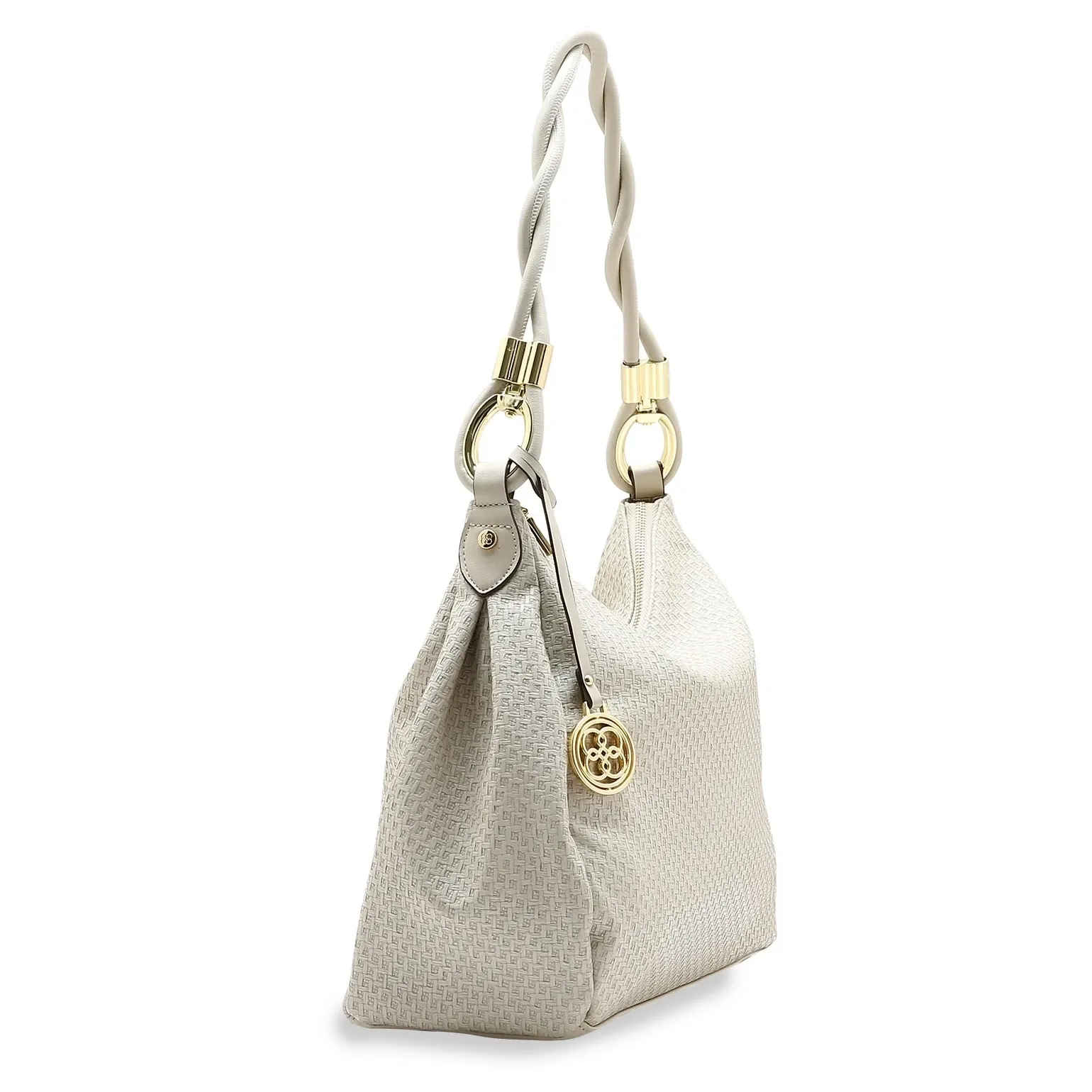 Bolsa feminina Chenson natural vista lateral mostrando alça torcida e detalhes dourados